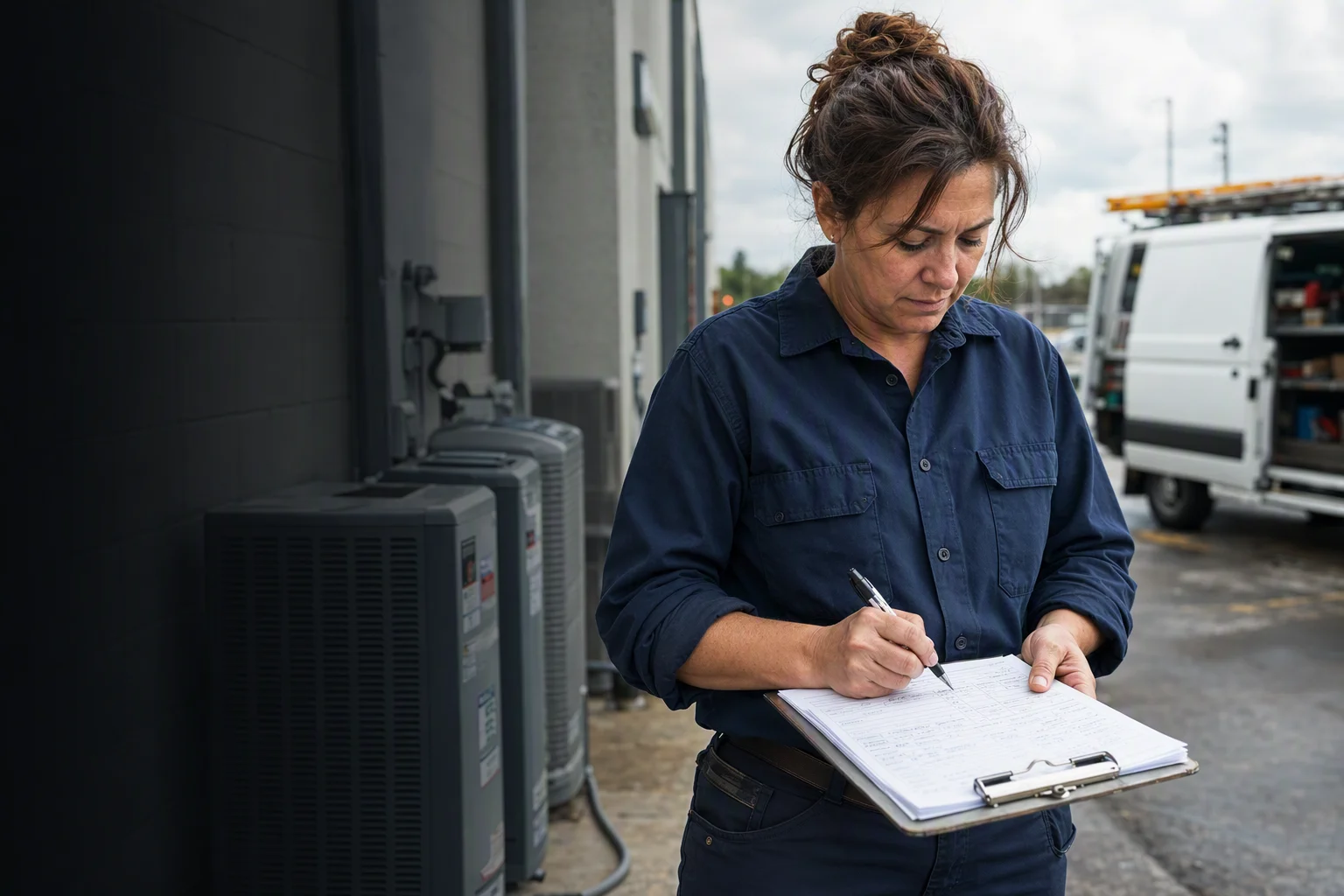 A field technician fills out a service report on a clipboard beside outdoor equipment