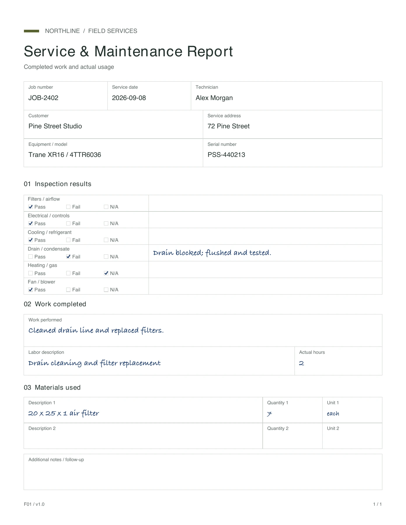 Sample service report for Pine Street Studio, with typed job details and handwritten work notes, 2 labor hours, and 7 air filters.